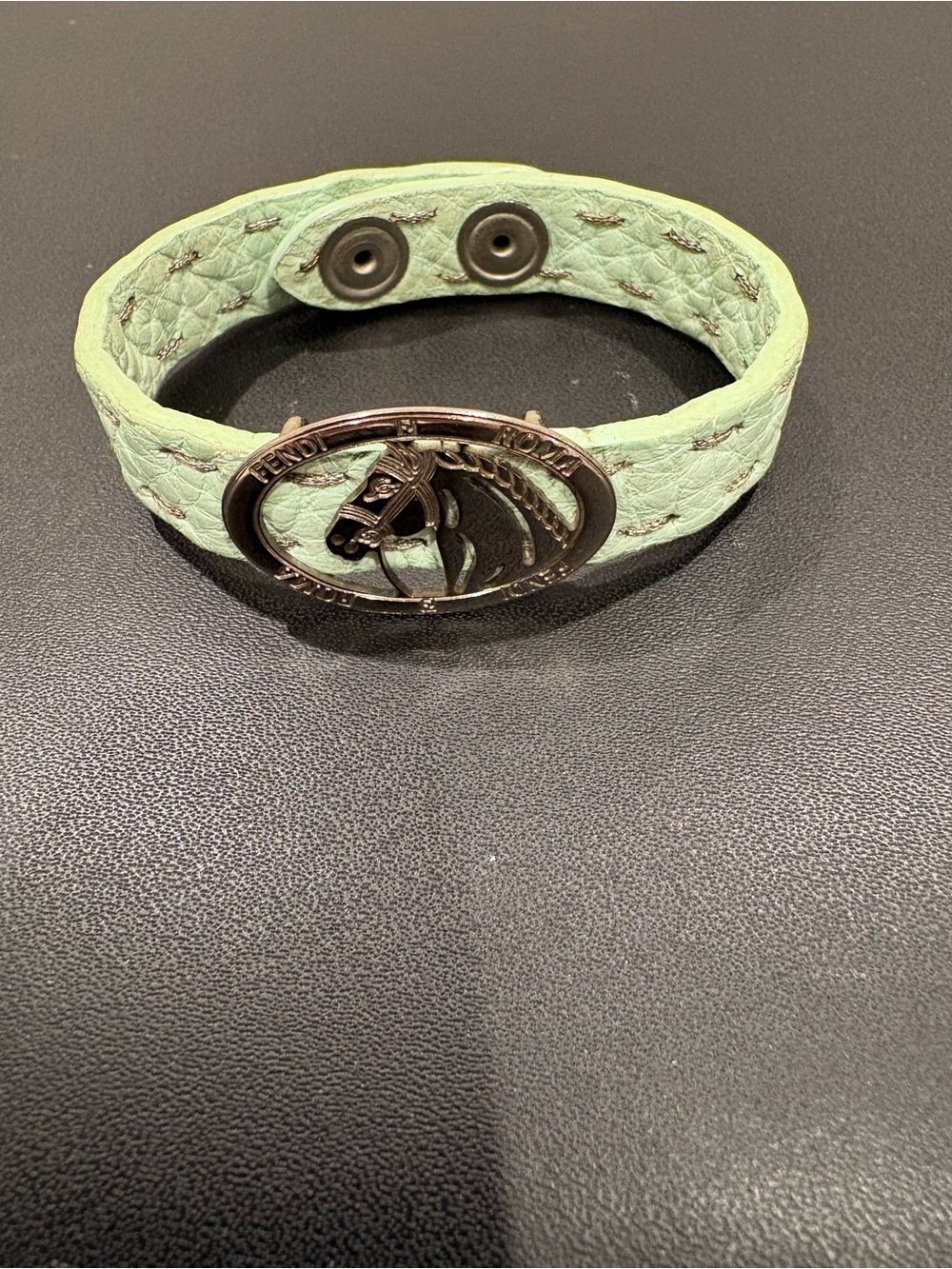Fendi Mint Green Leather Horse Medallion Bracelet/Cuff - Picture 2 of 8
